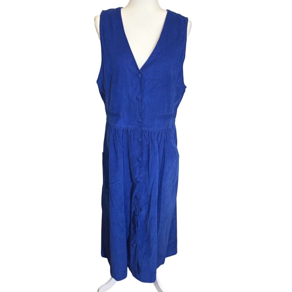Vintage Talbots' Blue Corduroy Sleeveless Button Front Midi Dress Pockets 10